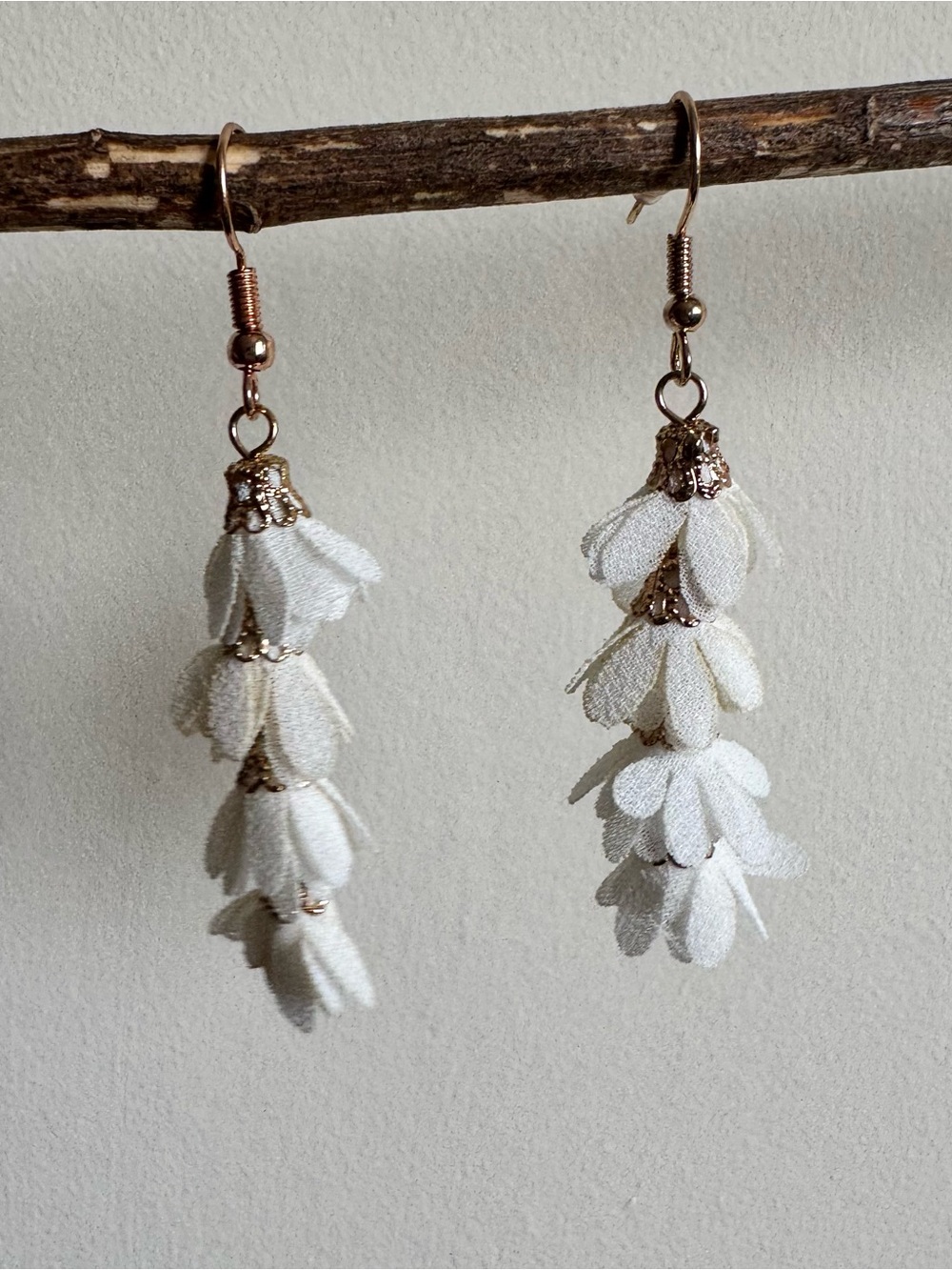 Handmade‎ White Fabric Petal Drop Earrings